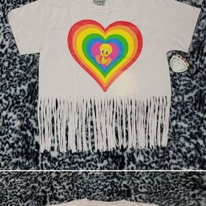 🐣Womens Warner Bros Tweety Bird Looney Tunes Fringed Crop Top T-Shirt Si